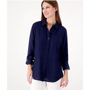 ☀️Susan Graver Pure Linen Blend Long Sleeve Button-Up Shirt Navy Women's 2XP